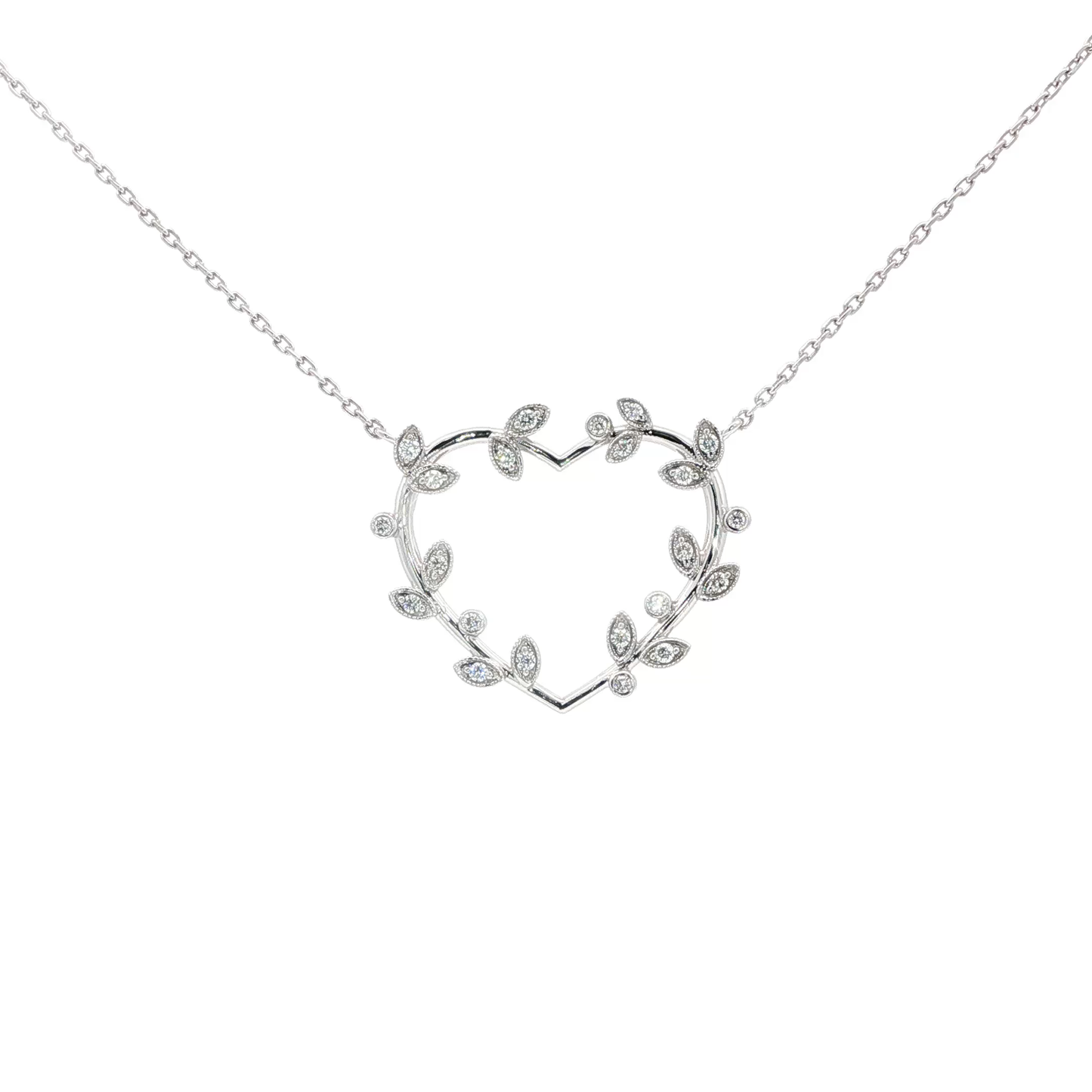18kt White Gold Heart Olive Branch Pendant