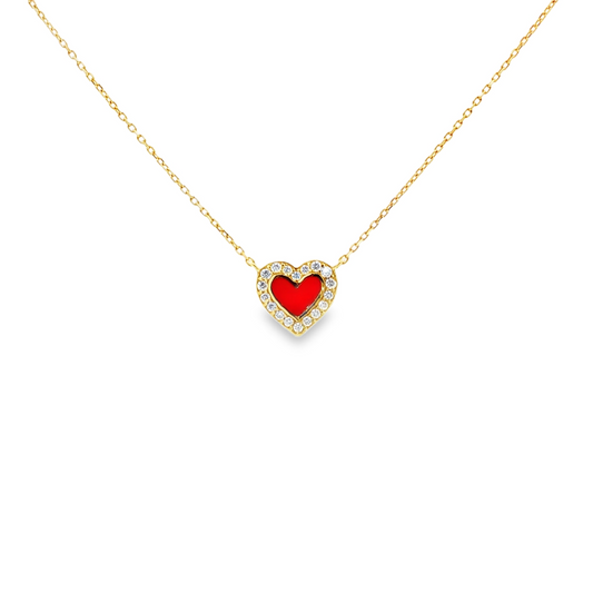 14kt Yellow Gold Red Enamel Heart Necklace, .12ctw Diamonds